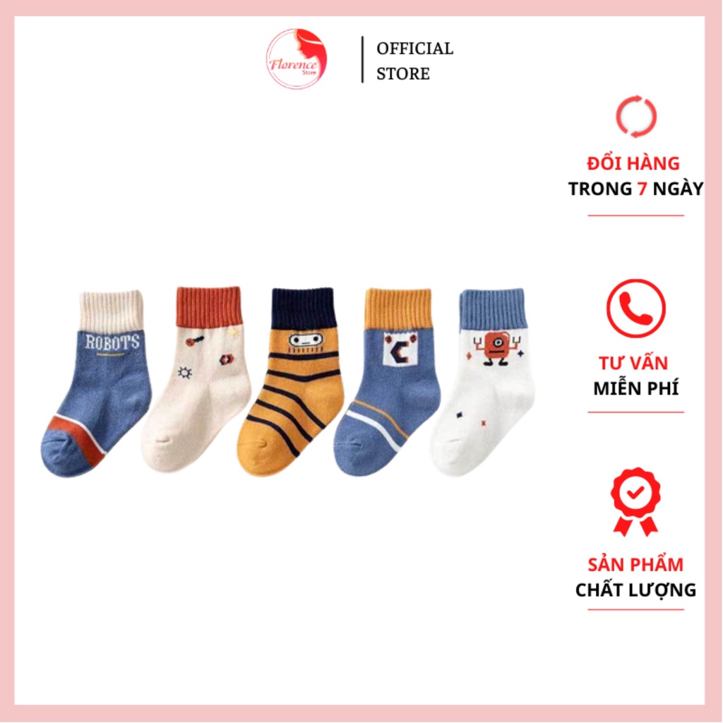 Combo 5 Đôi Tất Cotton In Họa Tiết Dễ Thương Cho Bé Trai 1-12 Tuổi C015