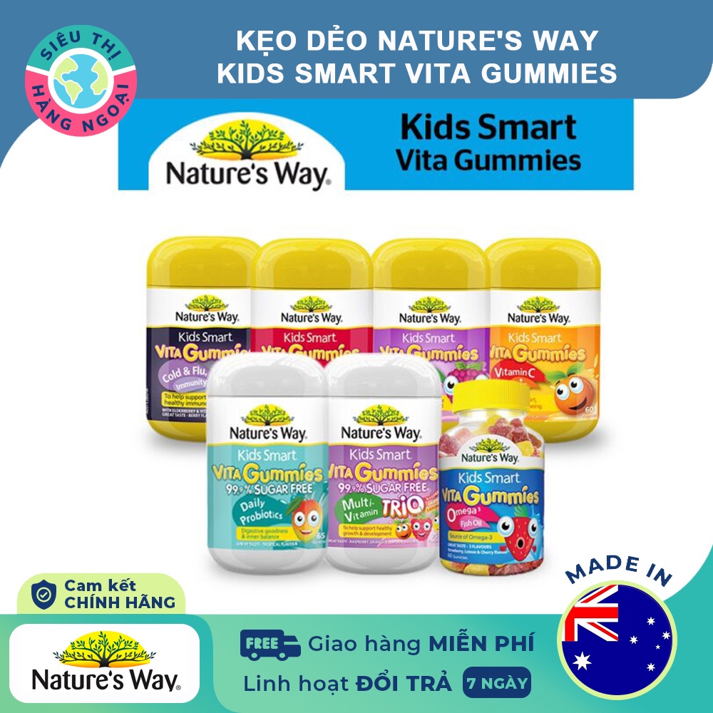 Kẹo dẻo Nature's Way Kids Smart Vita Gummies Úc (60v) nhiều vị bổ sung vitamin, khoáng chất cho trẻ từ 2 tuổi tuổi