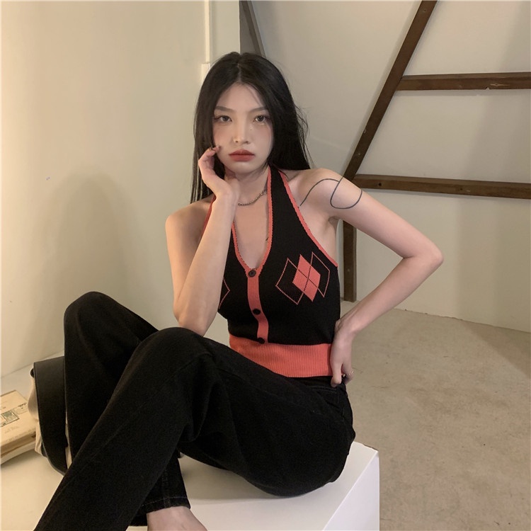 Cocory vn Áo Dệt Kim Hai Dây Ôm Dáng Họa Tiết Kẻ Sọc Caro Màu Tương Phản Quyến Rũ Thời Trang Cho Nữ