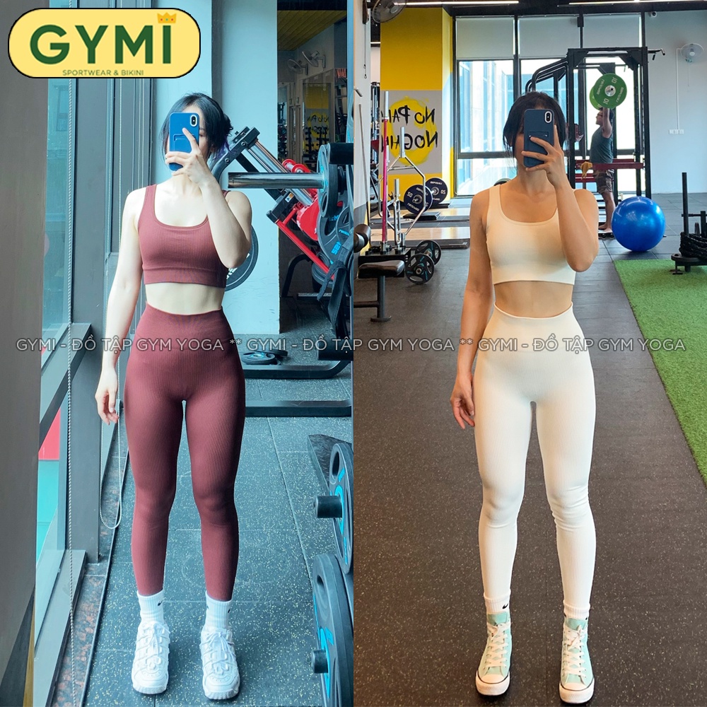 Set bộ đồ tập gym yoga nữ GYMI SET16 gồm áo bra cổ V hoặc cổ U và quần legging thể thao chất liệu dệt thun gân