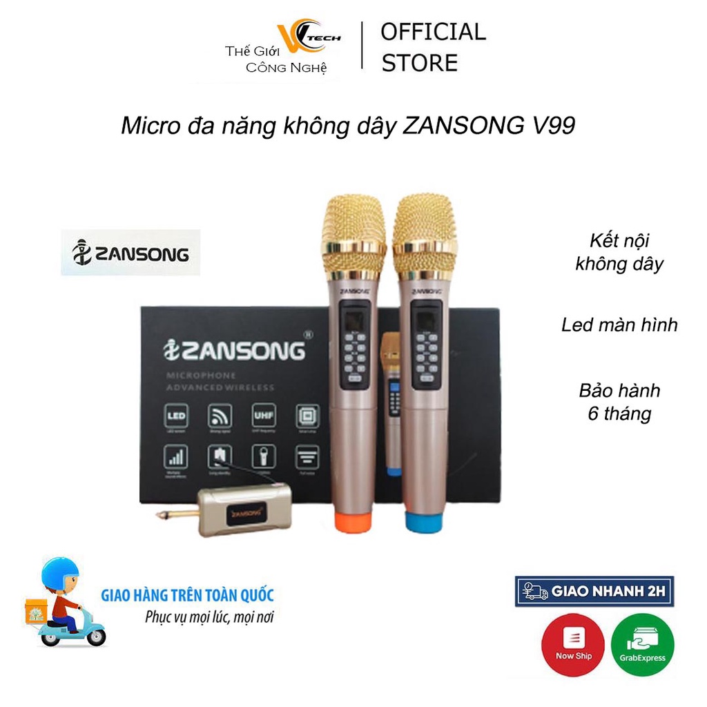 Micro karaoke Không Dây Zansong V99 UHF | Micro Không Dây Cao Cấp, Tự Điều Chỉnh treble, bass, echo, vol trên Micro