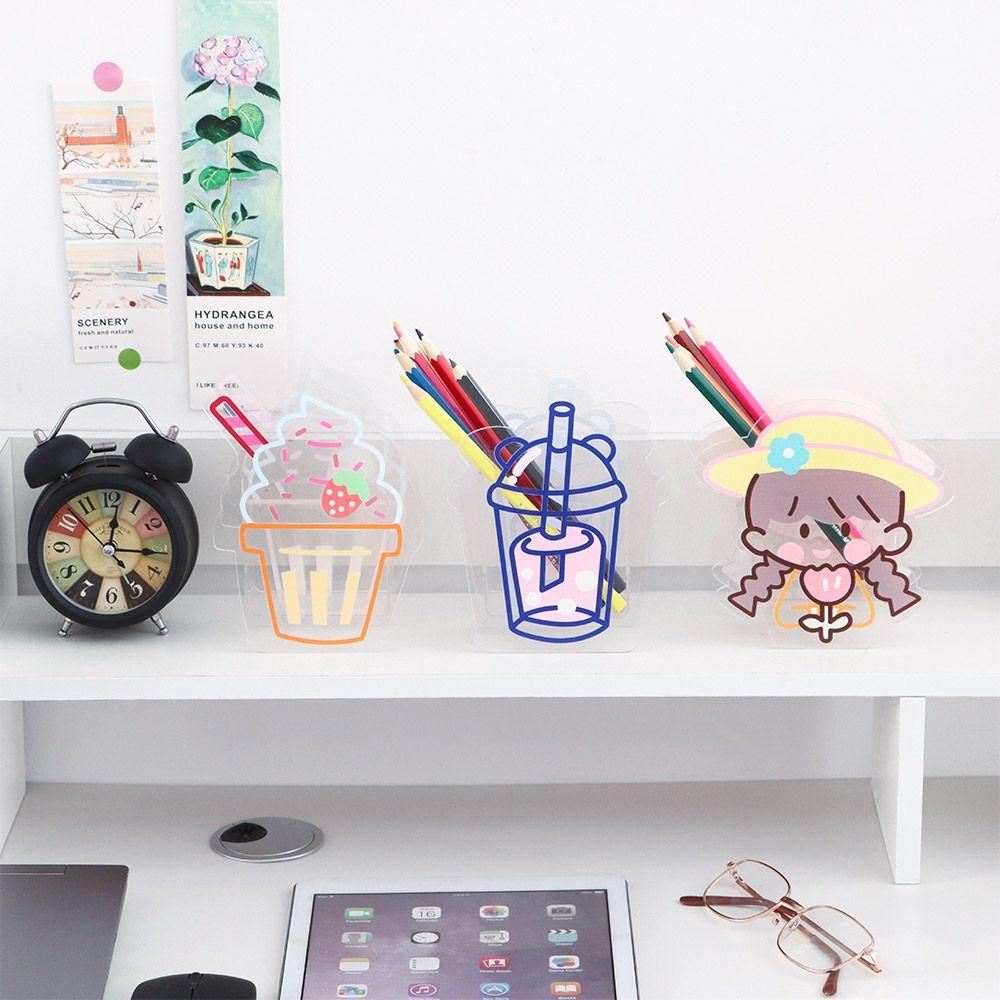 DORAW Multifunction Cartoon Acrylic Pen Holder Ice Cream Desktop Organizer Transparent Pen Holder Box Coaster Clips Cute Office Stationery Vase Kawaii Cosmetics Storage Desk Storage Box