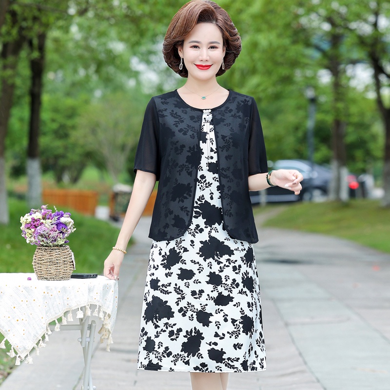 Đầm Tay Ngắn Giả Hai Lớp Thời Trang Mùa Hè Mới Dành Cho Phụ Nữ Trung Niên 5060 Tuổi