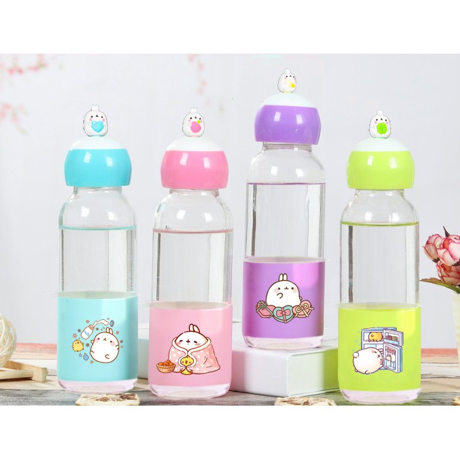 Bình nước molang lá cây 400ml BNCI6 thuỷ tinh bình nước cute chai nước dễ thương