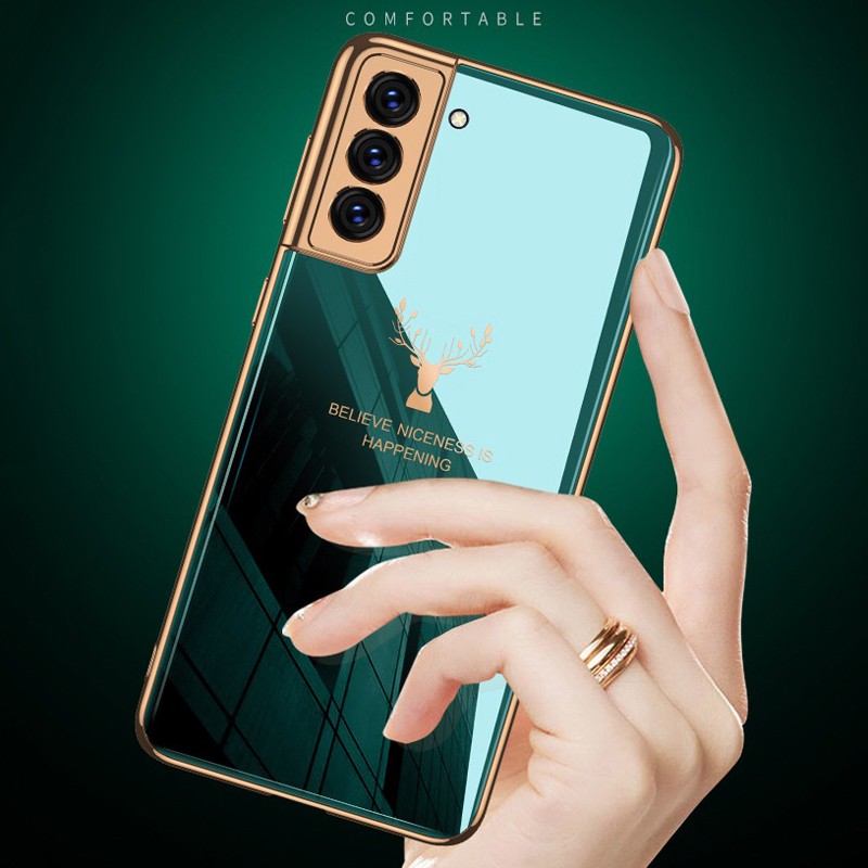 Ốp điện thoại mặt kính mạ điện in hình hươu sang trọng cho Samsung Galaxy S21 Ultra S21 Plus S21+