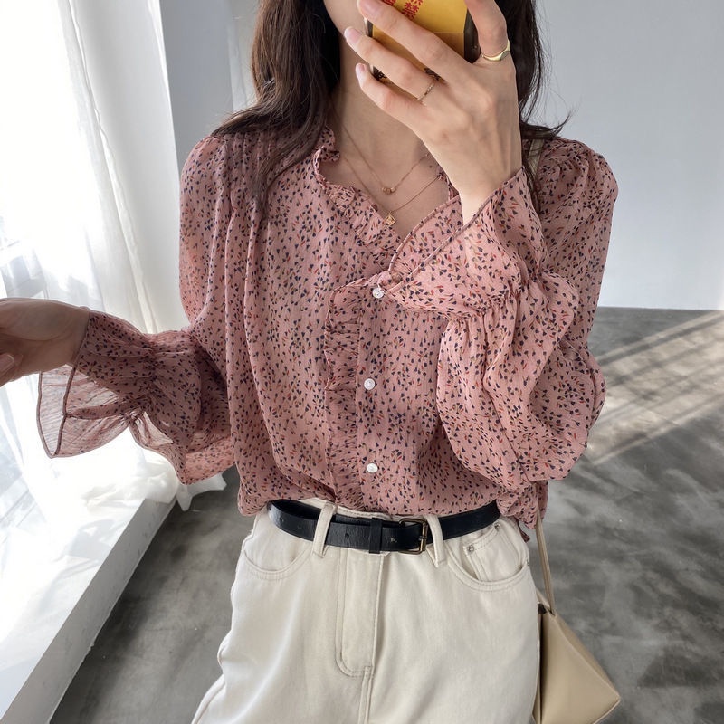 Áo Sơ Mi Voan Hoa Tay Dài Dáng Rộng Thời Trang Cho Nữ