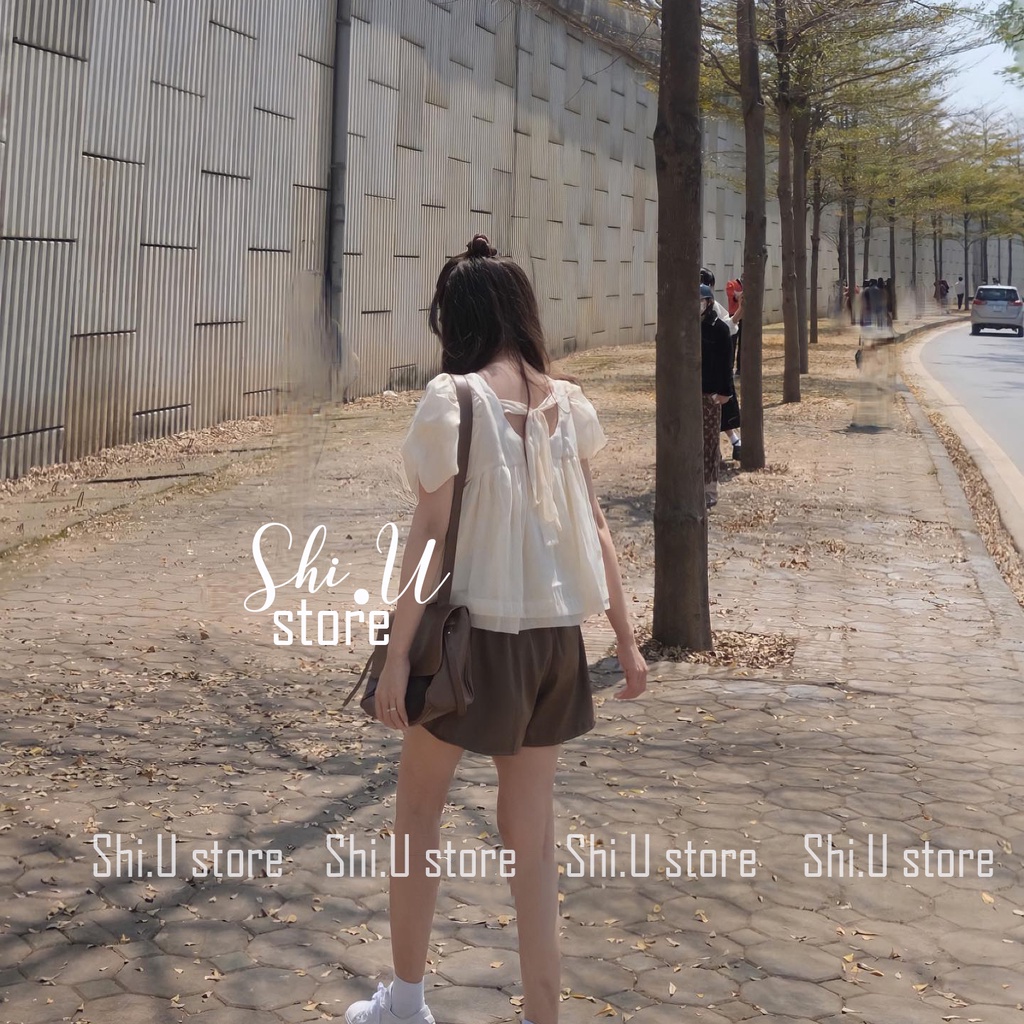 Set áo babydoll voan tơ nơ lưng kèm quần đùi nâu ống rộng ulzzang xinh xắn