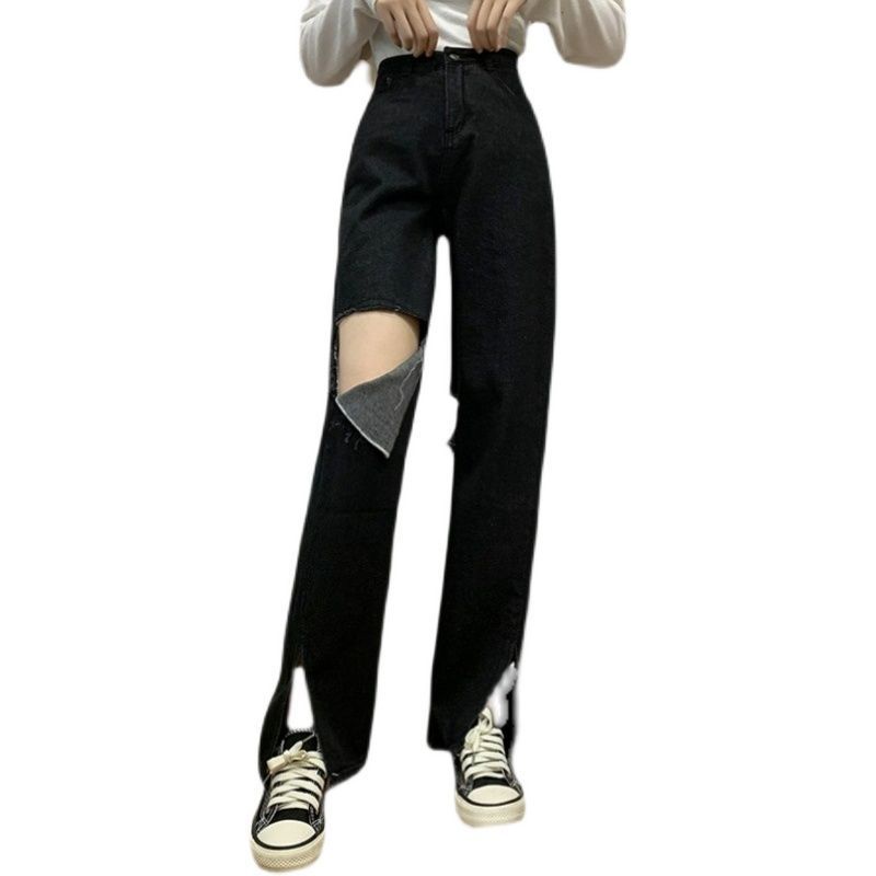 Quần Denim Ống Rộng Màu Đen Thiết Kế Xẻ Rách Cá Tính 152369 Quần Dài Ống Rộng Xẻ Tà Thời Trang