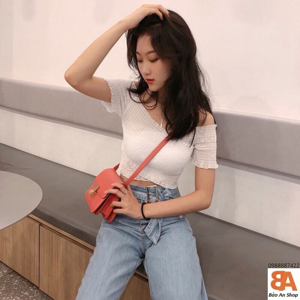 Áo bẹt vai voan cổ đắp chéo_có video