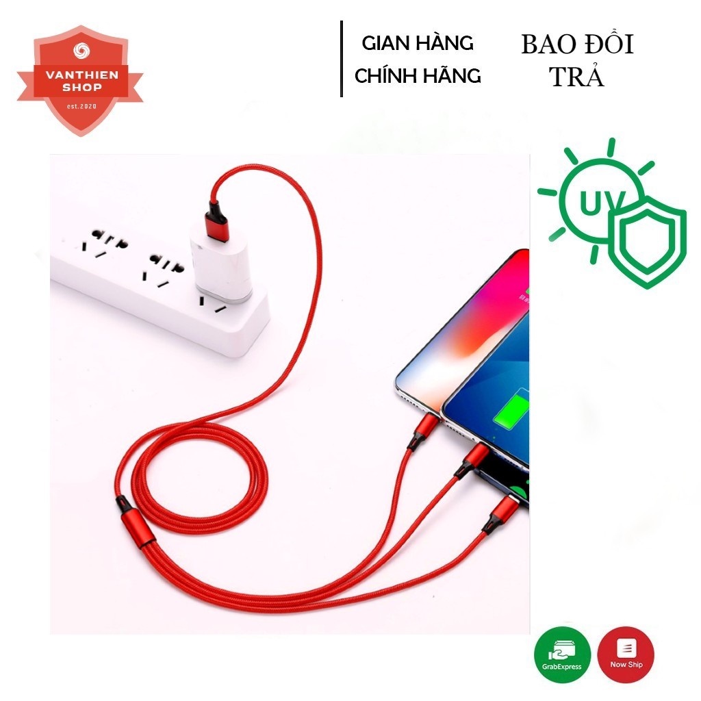 Cáp Sạc 3 Đầu Đa Năng Bọc Dù 3 Trong 1 Tích Hợp 3 Đầu Type-C Android Tiện Lợi An Toàn.