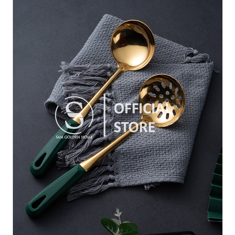Muôi Vá Múc Canh Vàng Inox 304 Muỗng Múc Cơm Cao Cấp Cán Xanh Lá