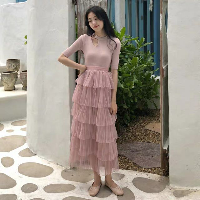 Chân váy dài 6 tầng dáng dài Quảng Châu - đầm nữ dáng dài