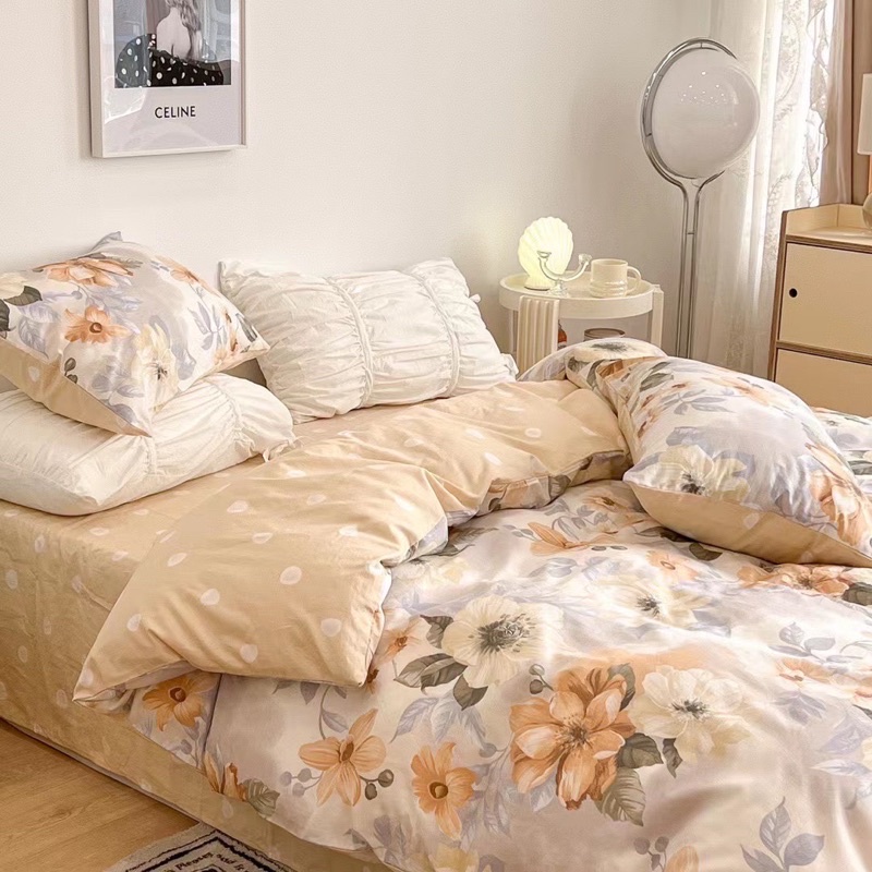 Bộ Chăn Ga Gối ❤️ cotton living 100% đủ size đệm hoa nhí Hàn Quốc miễn phí bo chun nhập khẩu Mượt Decor
