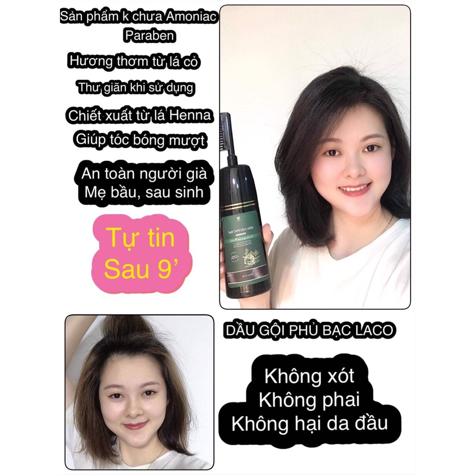 Dầu Gội Phủ Bạc LACO Black Hair, Nhuộm Tóc Đen Thảo Dược Chỉ Sau 9 Phút, Nhuộm Tại Nhà An Toàn 200ml | Linh Spa