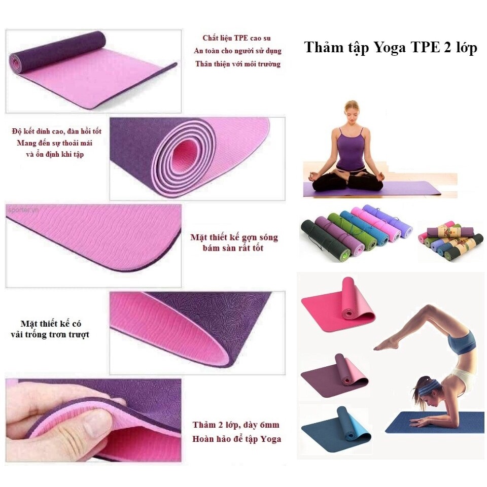 Thảm Tập YOGA TPE MAT 2 lớp dầy 6mm Dùng Cho GYM, Thể Thao, Dã Ngoại