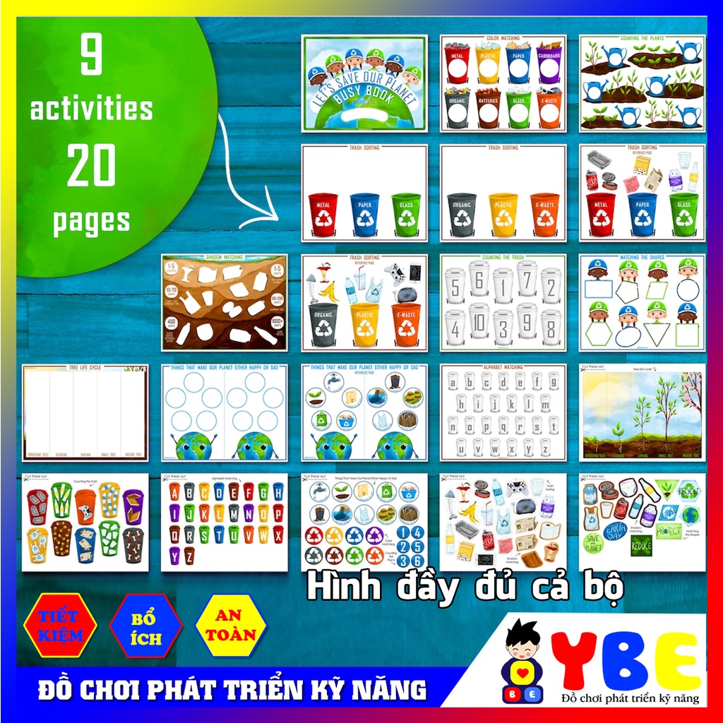 Đồ chơi bóc dán bảo vệ trái đất Earth day busy book dành cho các bé vừa chơi vừa học dạng học liệu Montessori - YBE