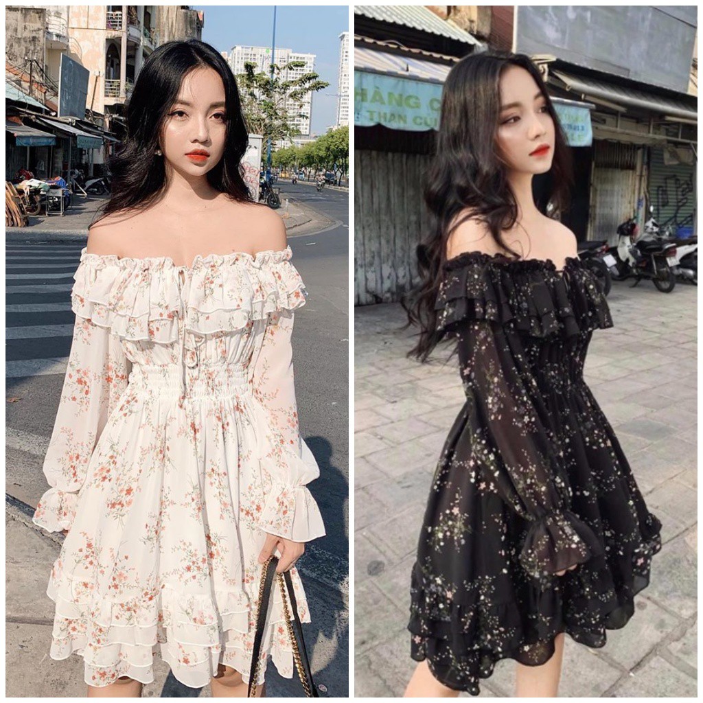 Đầm Hoa Nhí Trễ Vai Phong Cách Ulzzang 💖 𝘍𝘳𝘦𝘦𝘴𝘩𝘪𝘱 💖 Váy Hoa Vintage Hai Màu Trắng, Đen LAVUSA DX05 ( Hình Thật / Sẵn )