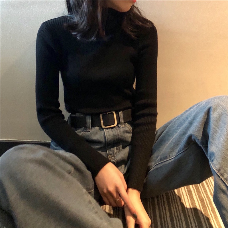 Áo sweater tay dài cổ lọ in màu sắc đơn giản