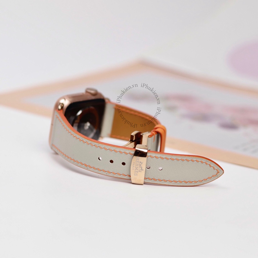 Dây Da Handmade [DA THẬT, BẢO HÀNH 1 NĂM] Swift Xám Chỉ Cam cho Apple Watch Seris 1/2/3/4/5/6/7