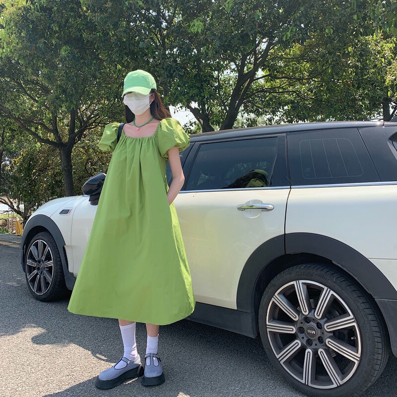 Đầm Dáng Chữ A Tay Phồng Màu Trơn Phong Cách Hàn Quốc Cổ Điển Thời Trang