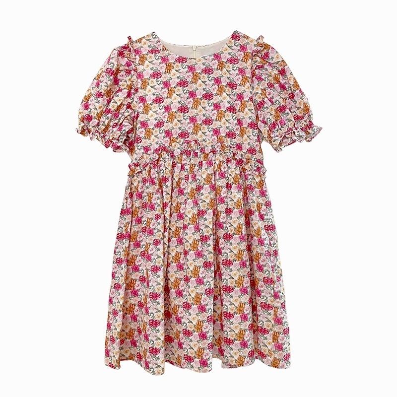 French round neck floral short-sleeved dress women's summer 2022 new Korean style high waist slimming A- line dress