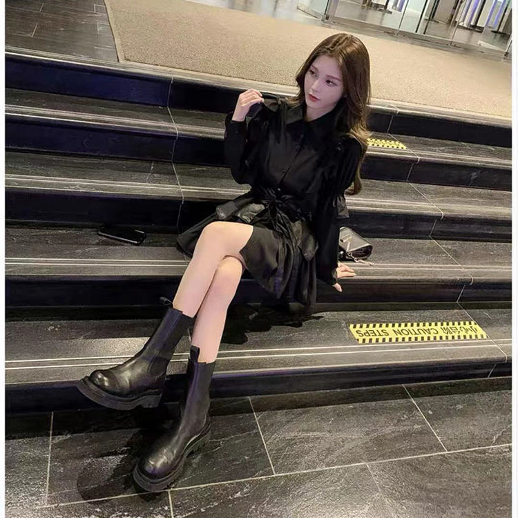 Bộ đồ 2 món gồm đầm sơ mi + thắt lưng ôm eo thời trang retro mùa đông cho nữ