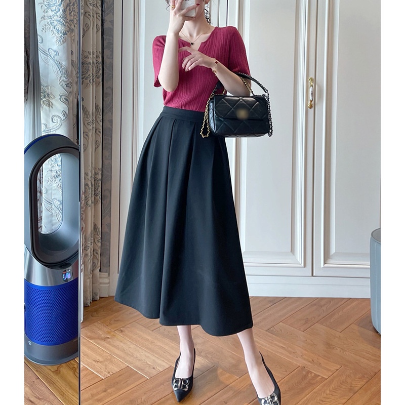 Chân váy midi xếp li dáng dài công sở có túi 2 bên dài 78cm