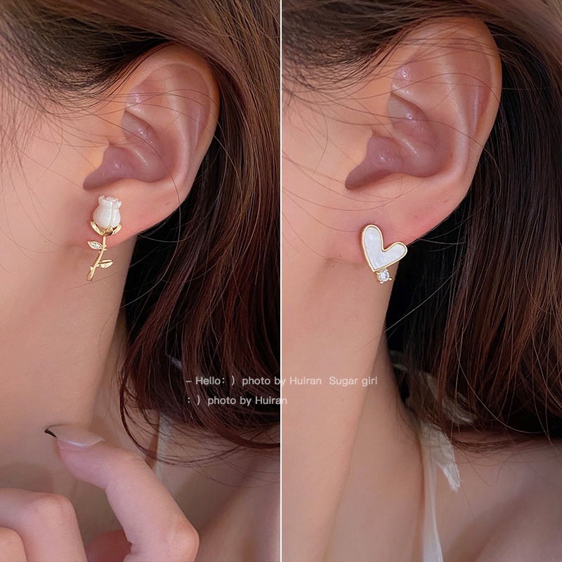 Đôi khuyên tai DODDER dáng dài trang trí trái tim và hoa hồng bất đối xứng thời trang cho nữ