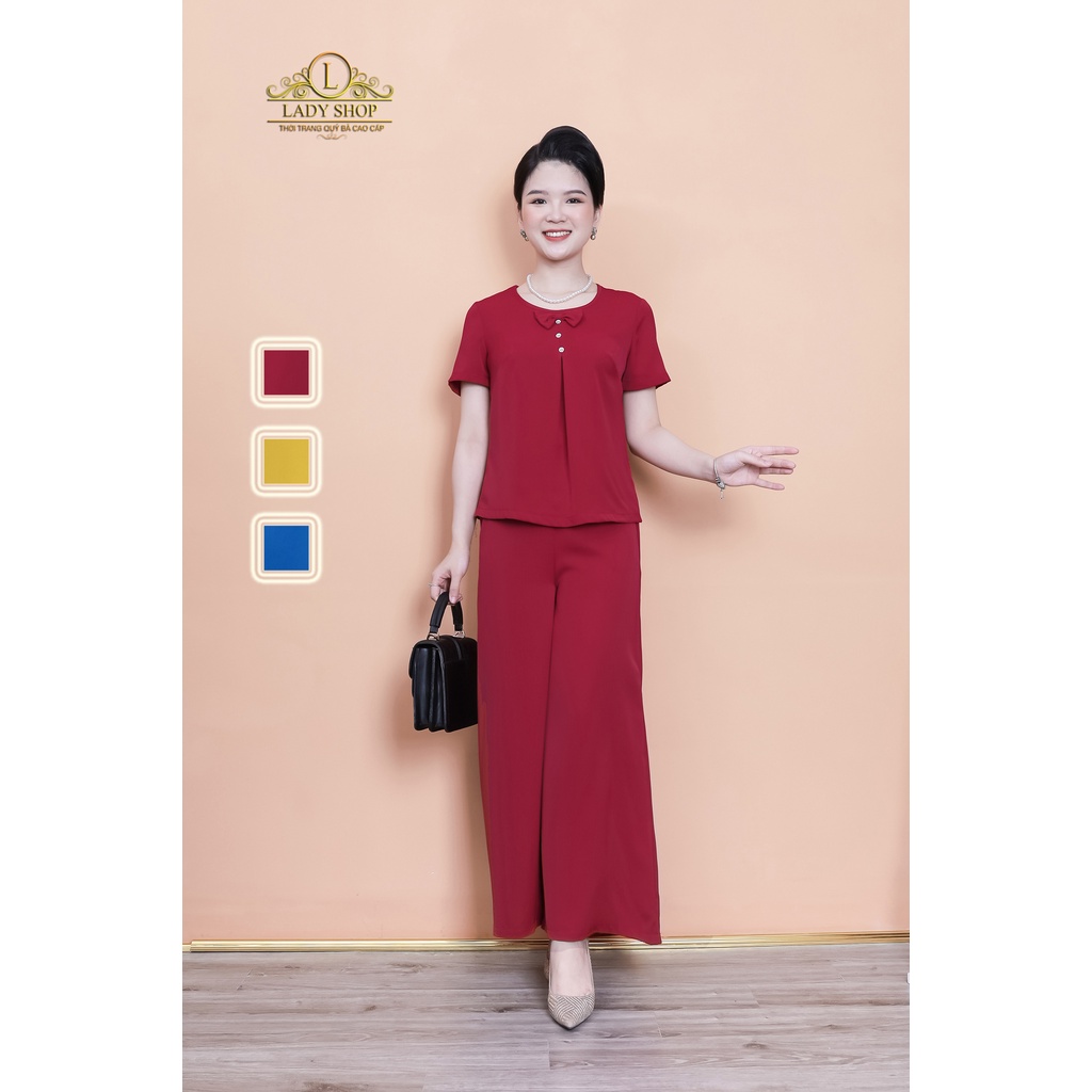 Bộ lụa nhật trơn cổ nơ quần dài Ladyshop thời trang trung niên cao cấp TK895