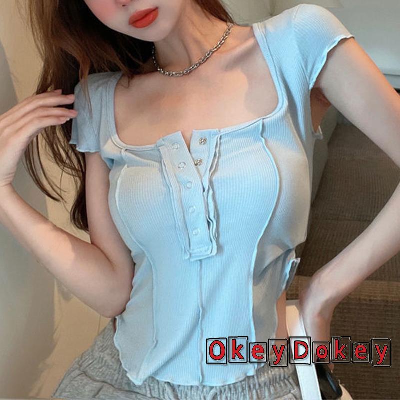 Áo Crop Top Tay Ngắn Dáng Ôm Cổ Chữ U Viền Bất Đối Xứng Gợi Cảm Cho Nữ