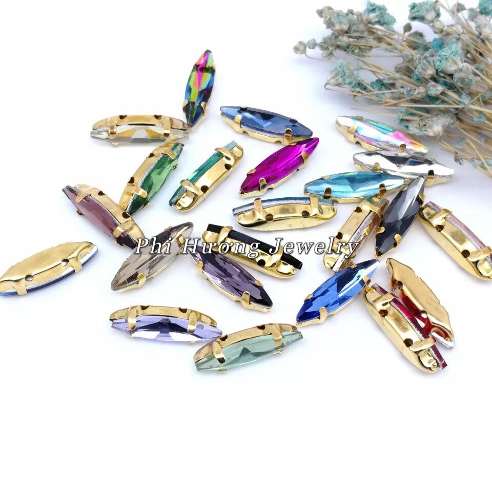 Gói 30 hạt đá chấu lá me nhiều size nhiều màu, đá đế chấu mặt đá nhân tạo đính kết trang trí quần áo