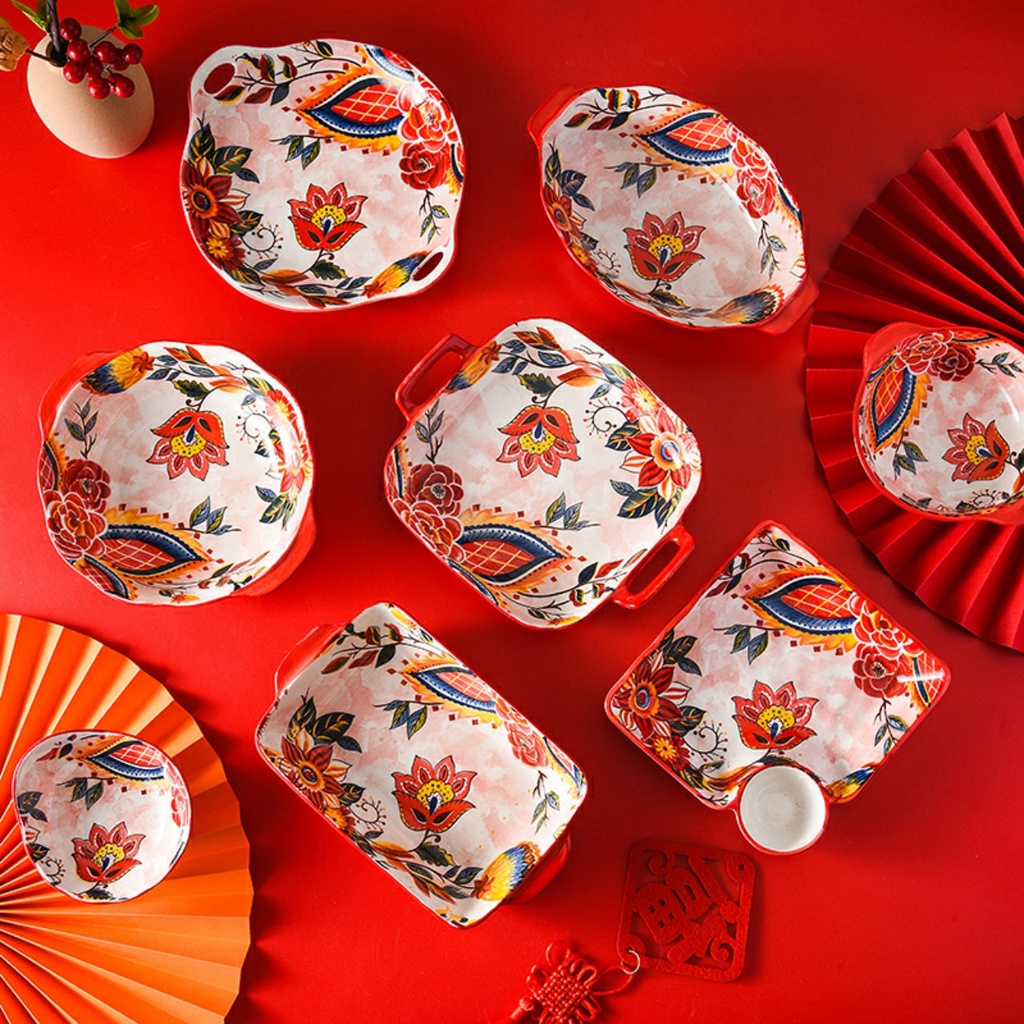 Set Bát Đĩa Decor Hoa Đỏ Cao Cấp