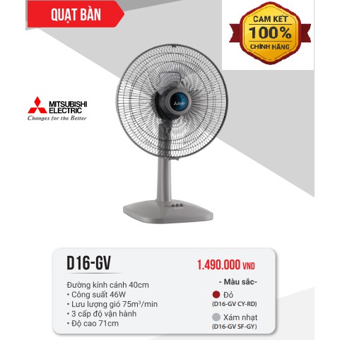 Quạt bàn Mitsubishi D16-GV 46W, màu xám, 16 inch, 3 cánh, tự động quay ngang 90 độ