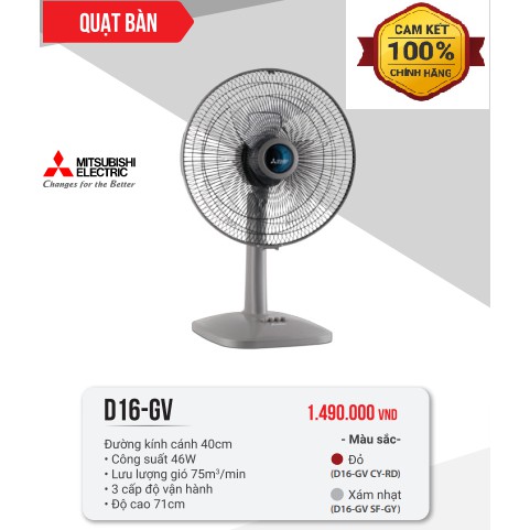 QUẠT BÀN MITSUBISHI D16-GV CY-RD (ĐỎ), D16-GV SF-GY(XÁM NHẠT)