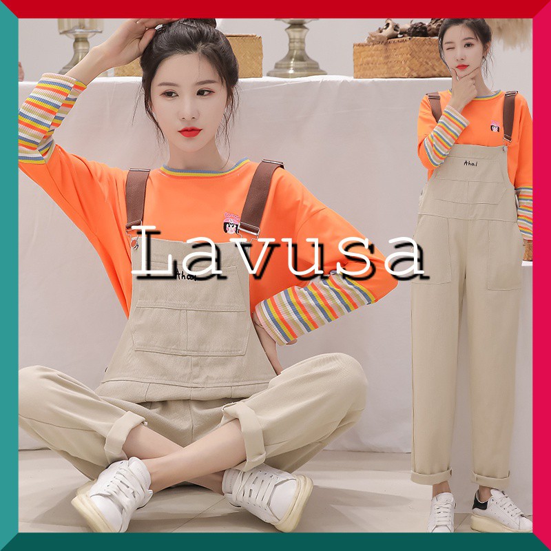 Quần yếm ulzzang hai màu siêu hot ✨FREE SHIP✨Quần kaki thêu AHA dây phối LAVUSA | BigBuy360 - bigbuy360.vn