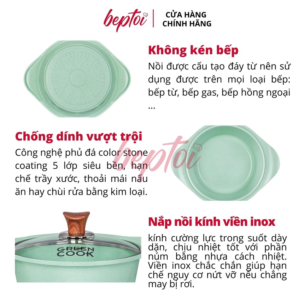 Nồi đúc đáy từ Green Cook, nồi chống dính đáy từ men đá xanh ngọc Green Cook GCS05
