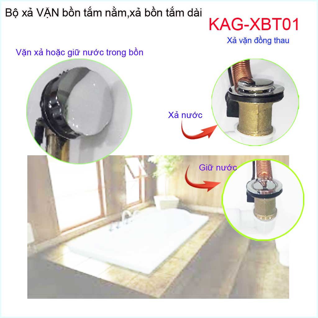 Bộ xả bồn tắm bằng thau KAG-XBT01, Bộ xả bồn tắm nằm tay vặn đồng thau cao cấp siêu bền sử dụng tốt