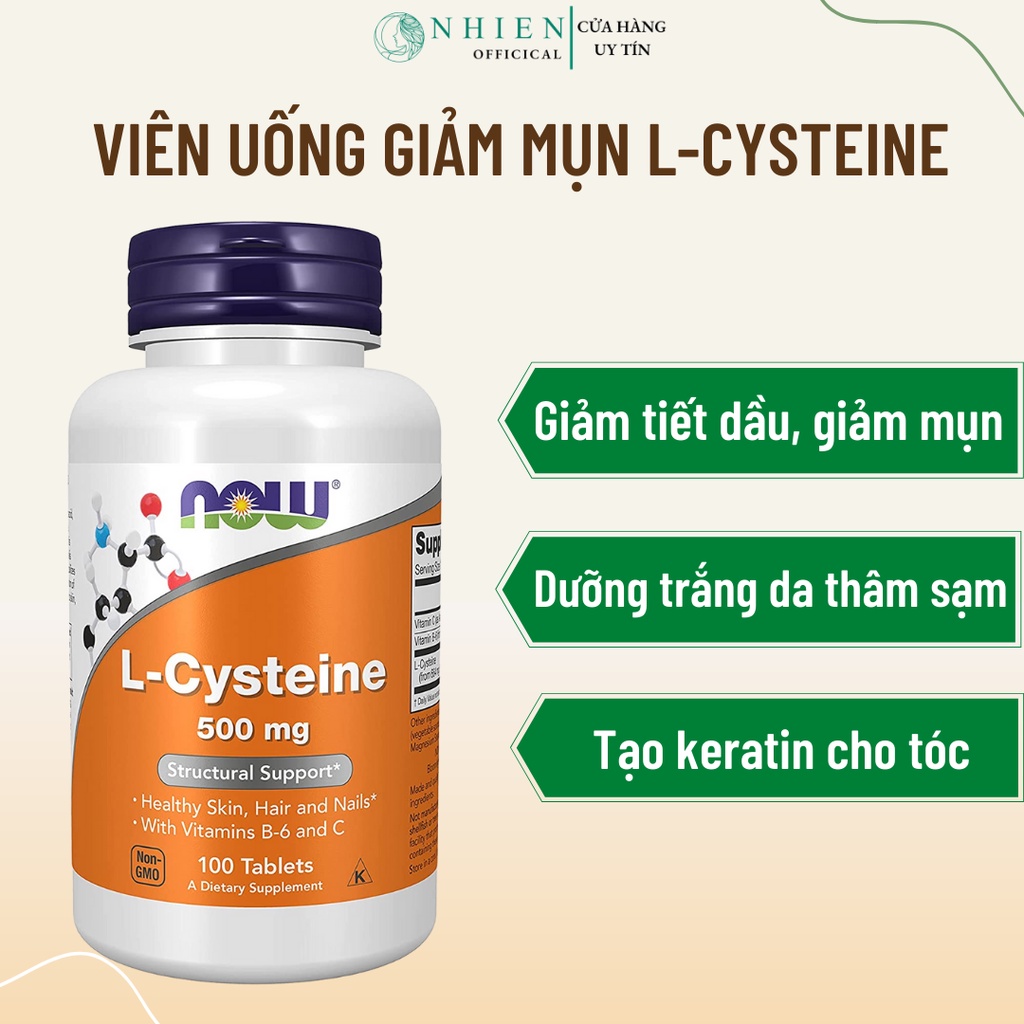 Viên uống L-Cysteine Now trắng da, giảm mụn, chống lão hóa, hỗ trợ đẹp da