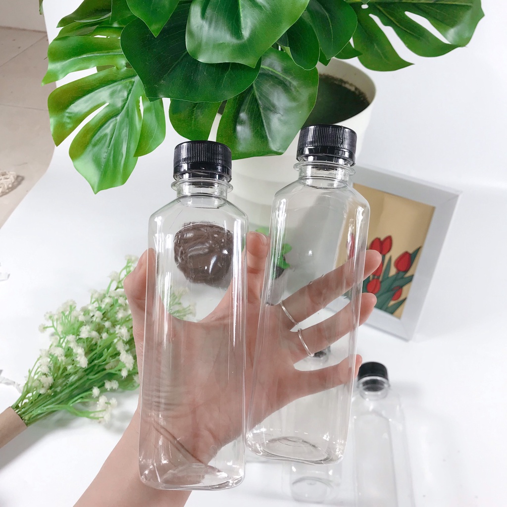 Chai nhựa đựng trà sữa, trà thái, sinh tố  kèm nắp nhựa - Chai nhựa vuông nắp đen 330ml Việt Nhật giá rẻ