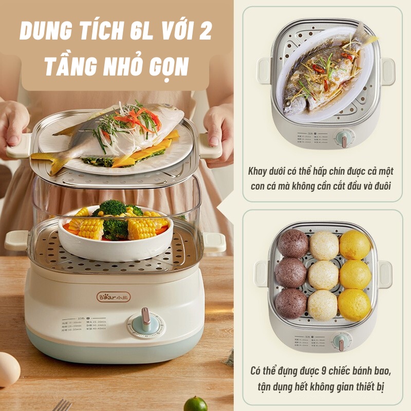 Nồi Hấp Hai Tầng Bear DZG-C60A1 Khay Inox 304 Dễ Vệ Sinh Chức Năng Hấp Đa Dạng Dung Tích 6L - Hàng Chính Hãng