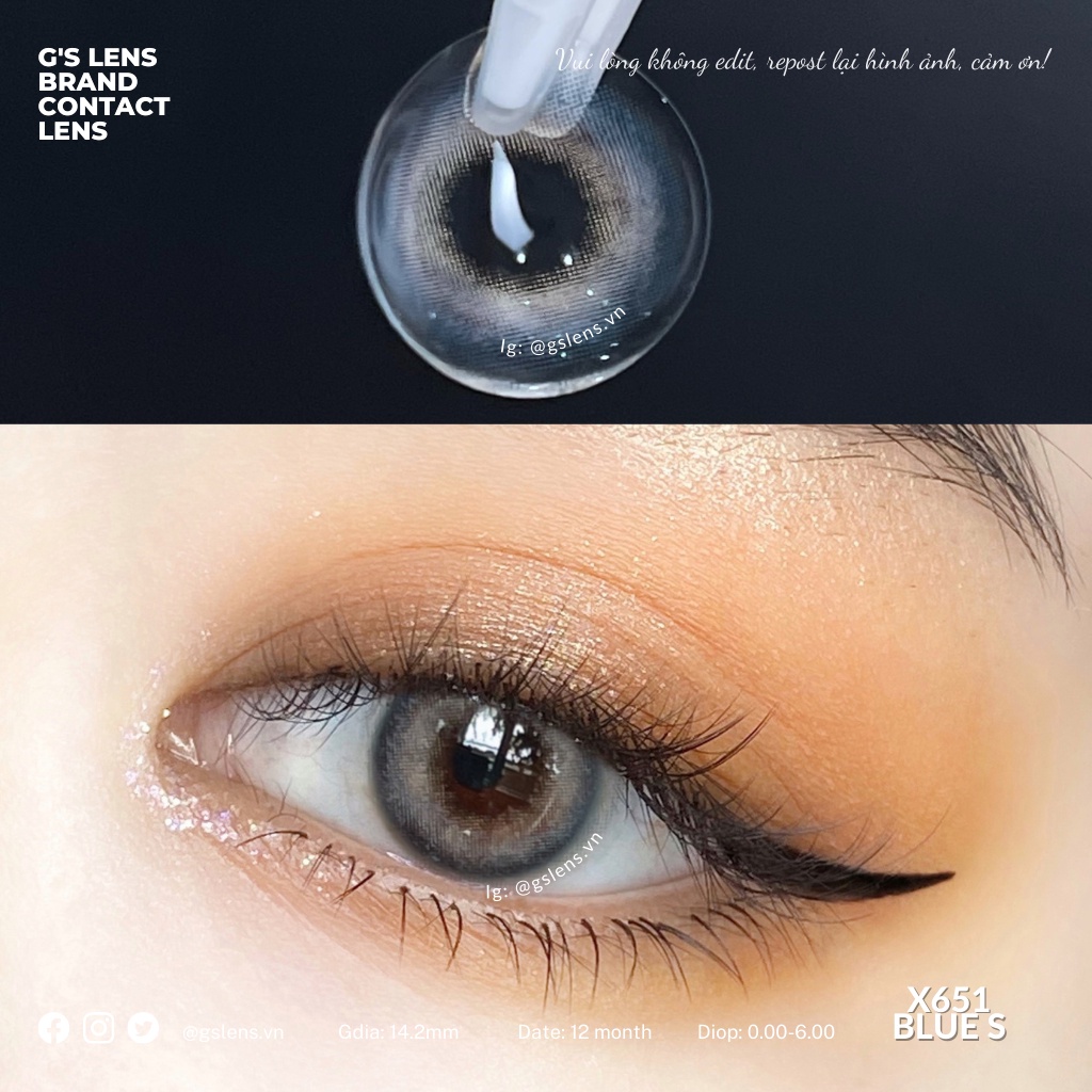 Lens Mắt Kính Áp Tròng Xanh Tây Sáng Không Giãn X651 Blue Có Từ 0 Đến 6 Độ Lệch Độ Size Xs 14mm