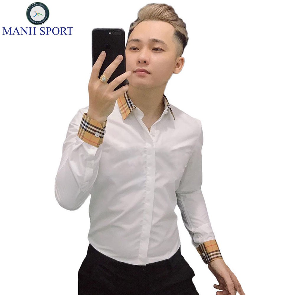 Áo Sơ Mi Nam Trắng Phối Kẻ Tím Than Dài Tay Vải Lụa Trơn Cao Cấp Form Body [18] | BigBuy360 - bigbuy360.vn