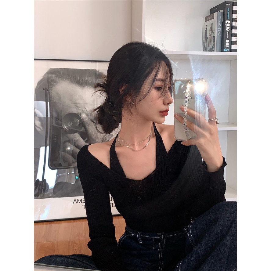 Áo dệt kim dài tay màu trơn thiết kế quyến rũ gợi cảm thời trang dành cho nữ