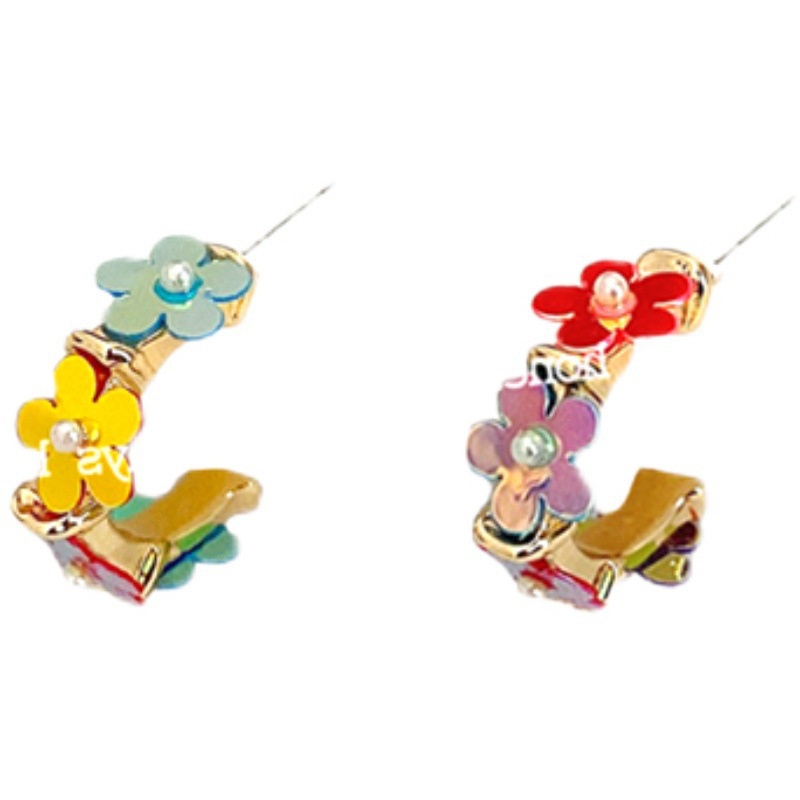 Khuyên Tai Bạc S925 Họa Tiết Hoa Nhỏ Đính Sequin Màu Sắc Tương Phản Phong Cách Mori Cho Nữ