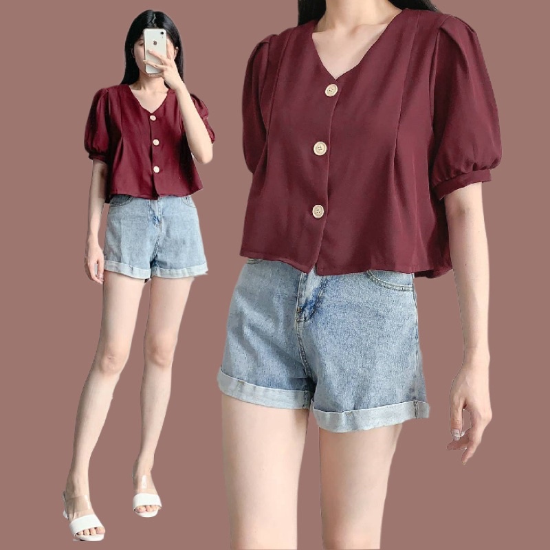 Solex TOP Áo thun nữ tay ngắn cổ chữ V V NECK SHAKILA MAROON CREPE