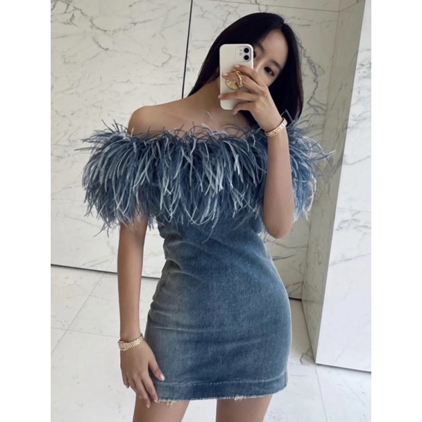 Đầm jeans ôm chễ vai tua rua sexy thương hiệu YSL cao cấp