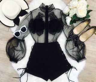 Jum short phối lưới đắp ren ngực Sỉ