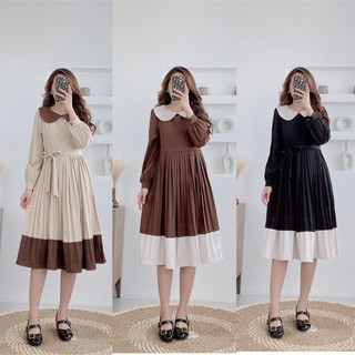 Váy suông cổ sen chân xếp ly phối màu, đầm xuông rộng tay dài  freesize 3 màu mã V29 - Michi's House