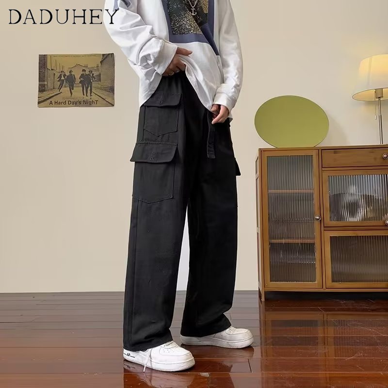 DaDuHey Autumn American Retro Multi-Pocket Elastic Waist Overalls Men's and Women's Oversize Fashion Loose Straight Casual Pants