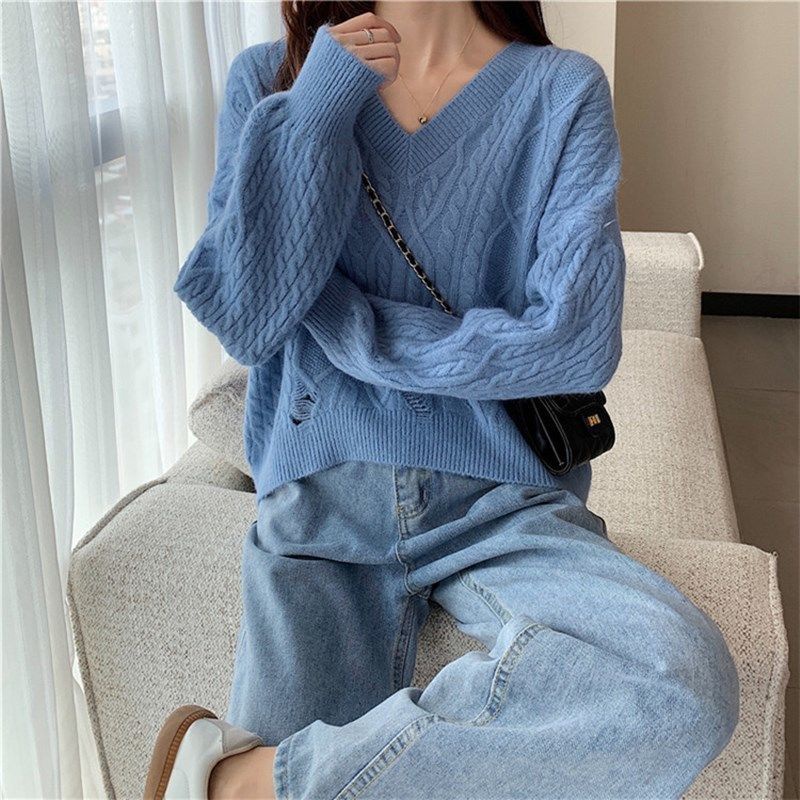 Áo sweater dệt kim cổ tim màu trơn thời trang cho nữ